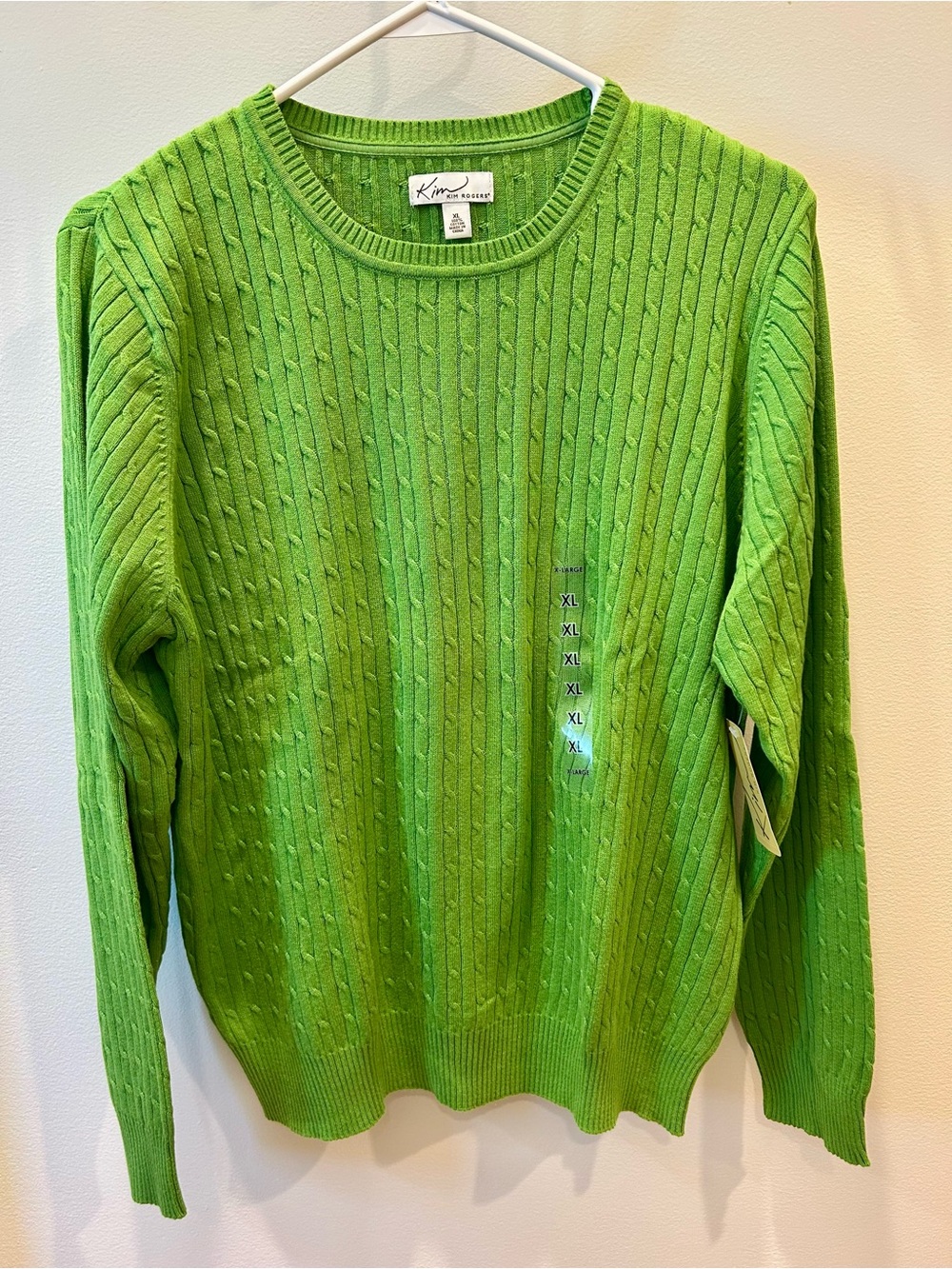 NWT Kim Rogers Cable Knit Sweater XL Ruler Green Cotton Crewneck Pullover